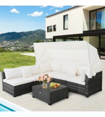 6 Pieces Patio Rattan Furniture Set with Retractable Canopy