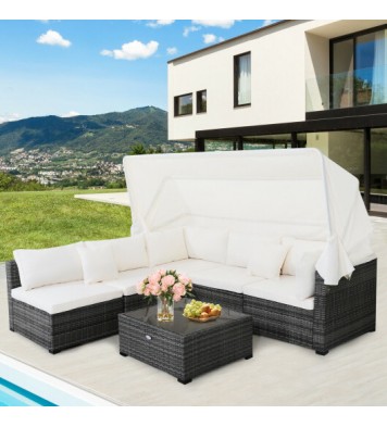 6 Pieces Patio Rattan Furniture Set with Retractable Canopy