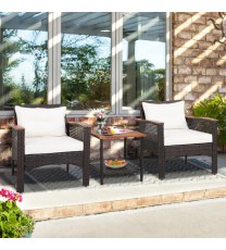 3 Pieces Patio Rattan Furniture Set with Acacia Wood Tabletop