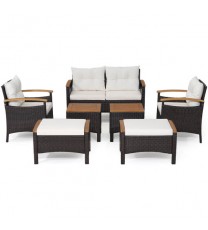 7 Piece Rattan Patio Sofa Set with Acacia Wood Tabletop and Armrests