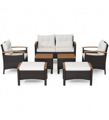 7 Piece Rattan Patio Sofa Set with Acacia Wood Tabletop and Armrests