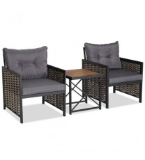 3 Piece Patio Rattan Furniture Set with Acacia Wood Tabletop