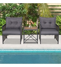 3 Piece Patio Rattan Furniture Set with Acacia Wood Tabletop