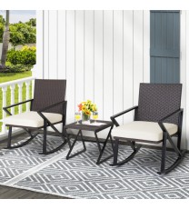 3 Piece Patio Wicker Rocking Chairs Set with Heavy-Duty Metal Frame