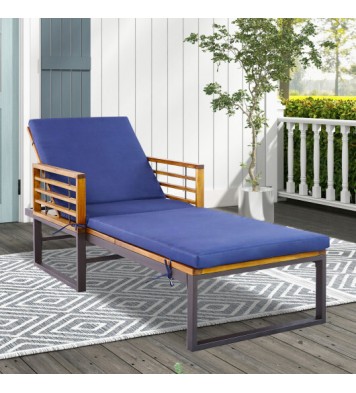 Adjustable Cushioned Patio Chaise Lounge Chair with 4-Level Backrest-Navy