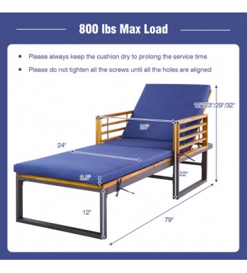 Adjustable Cushioned Patio Chaise Lounge Chair with 4-Level Backrest-Navy