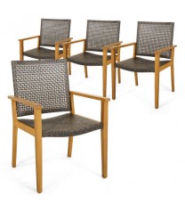 Set of 4 Outdoor Rattan Chair with Sturdy Acacia Wood Frame-Set of 4