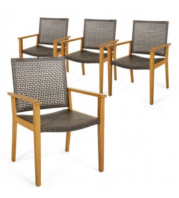 Set of 4 Outdoor Rattan Chair with Sturdy Acacia Wood Frame-Set of 4