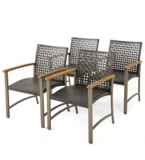 Set of 4 Patio Rattan Dining Chairs with Acacia Wood Armrests-Set of 4