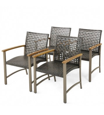 Set of 4 Patio Rattan Dining Chairs with Acacia Wood Armrests-Set of 4