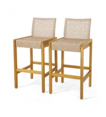 Set of 2 Rattan Patio Wood Barstools Dining Chairs with Backrest-Set of 2