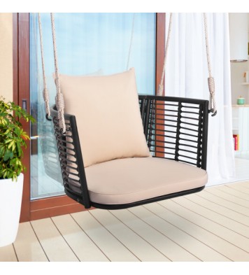 Single Person Hanging Seat with Woven Rattan Backrest for Backyard