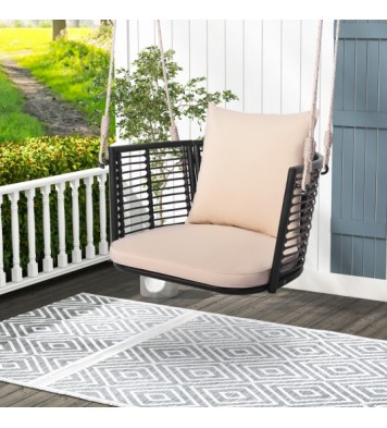 Single Person Hanging Seat with Woven Rattan Backrest for Backyard