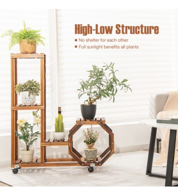 6-Tier Wooden Plant Stand with Wheels-Brown