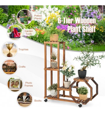 6-Tier Wooden Plant Stand with Wheels-Brown