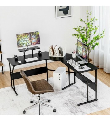 88.5 Inch L Shaped Reversible Computer Desk Table with Monitor Stand-Black