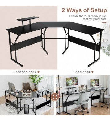 88.5 Inch L Shaped Reversible Computer Desk Table with Monitor Stand-Black