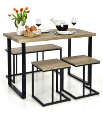 4 Pieces Industrial Dinette Set with Bench and 2 Stools-Oak