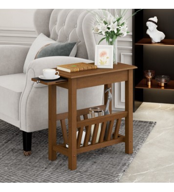 2-Tier End Table with Pull-out Tray and Solid Rubber Wood Legs-Natural