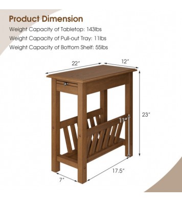 2-Tier End Table with Pull-out Tray and Solid Rubber Wood Legs-Natural