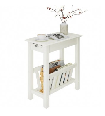 2-Tier End Table with Pull-out Tray and Solid Rubber Wood Legs-Natural