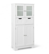 4 Door Freee-Standing Bathroom Cabinet with 2 Drawers and Glass Doors-Gray