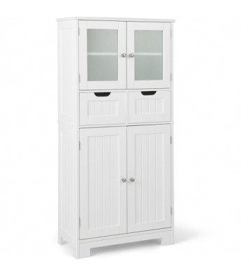 4 Door Freee-Standing Bathroom Cabinet with 2 Drawers and Glass Doors-Gray