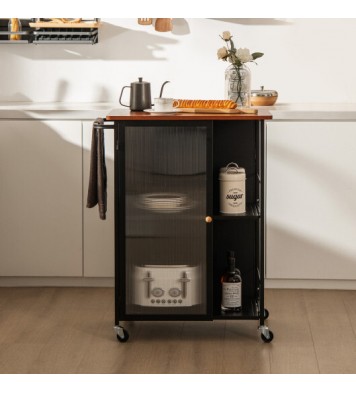 Mobile Serving Cart with Transparent Single Door Cabinet-Black