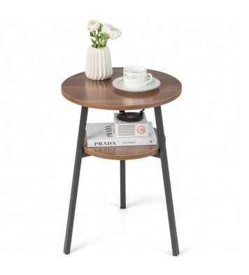 2-Tier Round End Table with Open Shelf and Triangular Metal Frame-Brown