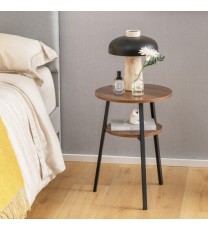 2-Tier Round End Table with Open Shelf and Triangular Metal Frame-Brown