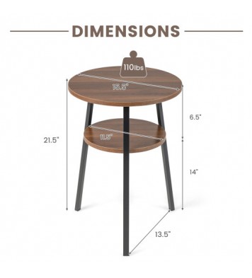 2-Tier Round End Table with Open Shelf and Triangular Metal Frame-Brown