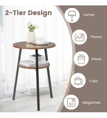 2-Tier Round End Table with Open Shelf and Triangular Metal Frame-Brown