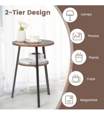 2-Tier Round End Table with Open Shelf and Triangular Metal Frame-Brown