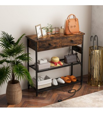 Narrow Console Table with 2 Drawers and 2 Metal Mesh Shelves-Rustic Brown