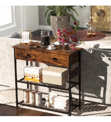 Narrow Console Table with 2 Drawers and 2 Metal Mesh Shelves-Rustic Brown