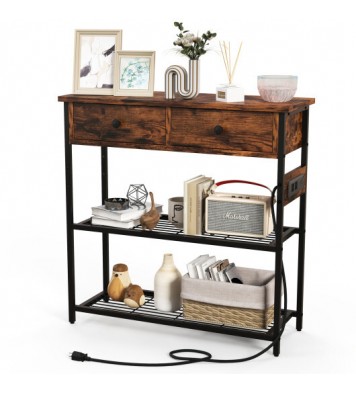 Narrow Console Table with 2 Drawers and 2 Metal Mesh Shelves-Rustic Brown