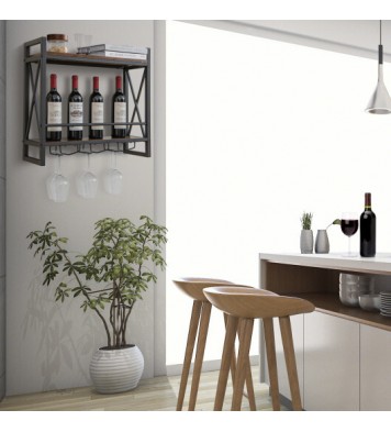 Industrial Wall Mounted Wine Rack with 3 Stem Glass Holders