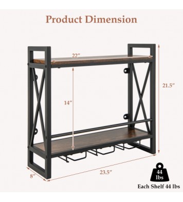 Industrial Wall Mounted Wine Rack with 3 Stem Glass Holders