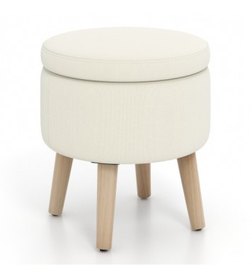 Round Storage Ottoman with Rubber Wood Legs and Adjustable Foot Pads-Beige