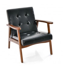 Mid Century Modern Accent Chair with Solid Rubber Wood Frame and Leather Cover-Brown