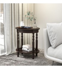 2-Tier Oval Side Table with Storage Shelf and Solid Wood Legs-Espresso