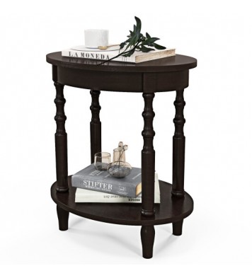 2-Tier Oval Side Table with Storage Shelf and Solid Wood Legs-Espresso