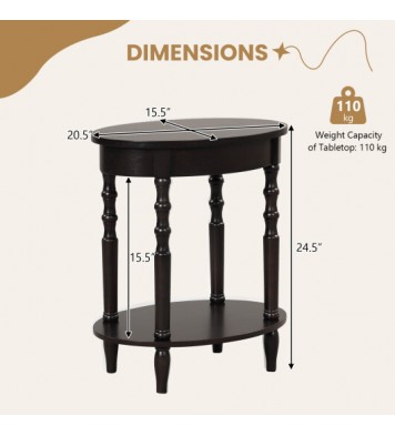 2-Tier Oval Side Table with Storage Shelf and Solid Wood Legs-Espresso