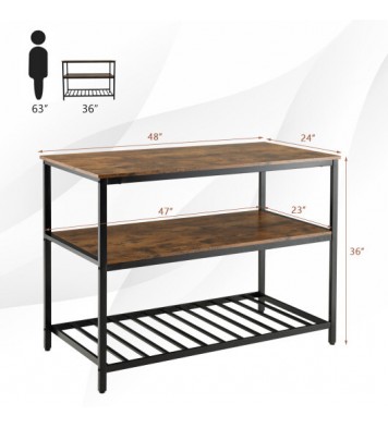 3 Shelves Kitchen Island Industrial Prep Table with Bottom Wine Rack-Rustic Brown