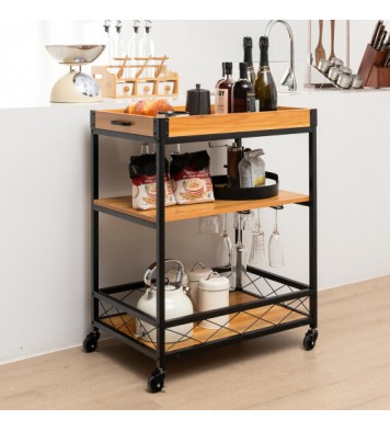 3 Tiers Industrial Bar Serving Cart with Utility Shelf and Handle Racks-Natural