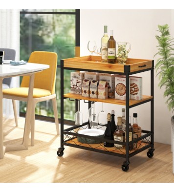 3 Tiers Industrial Bar Serving Cart with Utility Shelf and Handle Racks-Natural