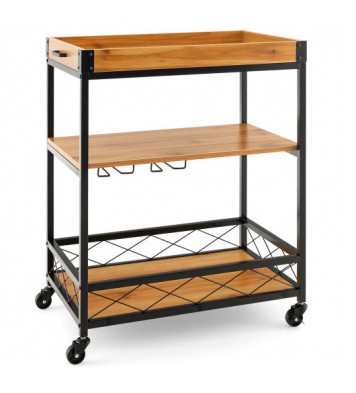 3 Tiers Industrial Bar Serving Cart with Utility Shelf and Handle Racks-Natural