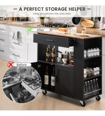 Rolling Kitchen Trolley with 3 Spice Racks Drawer and Open Shelf-Black