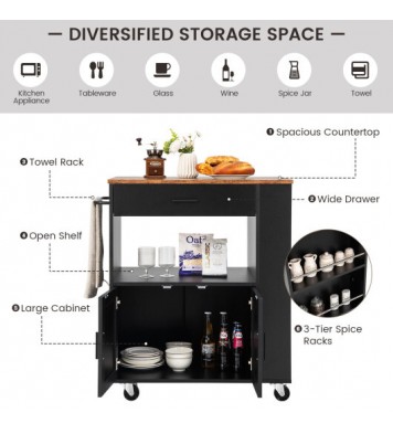 Rolling Kitchen Trolley with 3 Spice Racks Drawer and Open Shelf-Black