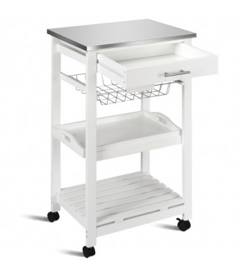 Kitchen Island Cart with Stainless Steel Tabletop and Basket-White